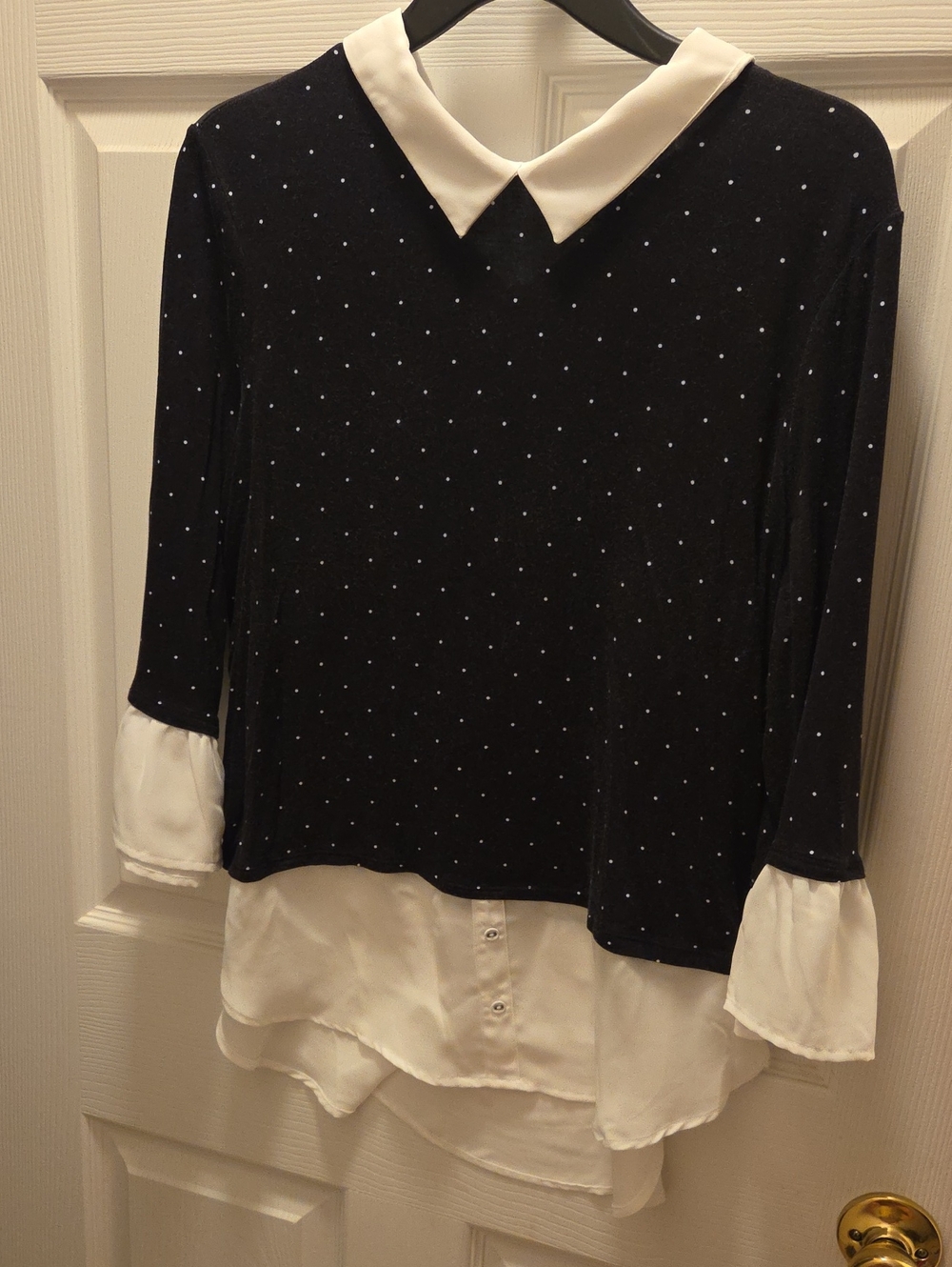 Elle Black Polka Dot Layered Blouse with White Collar and Hem